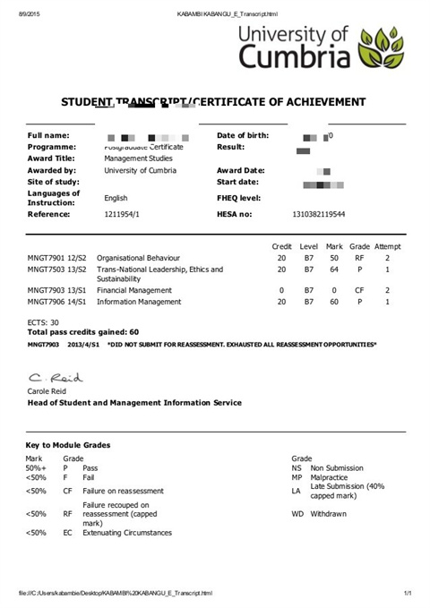 ӢǴѧɼTranscript of the University of Cumbri