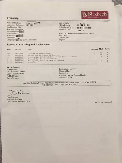 Ӣ׶شѧѧԺɼTranscript of Birbeck College, Univ