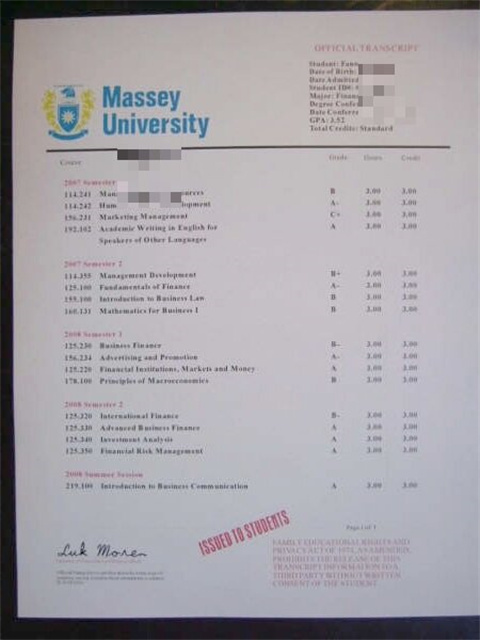 ÷ѧɼTranscript of Massey University in New