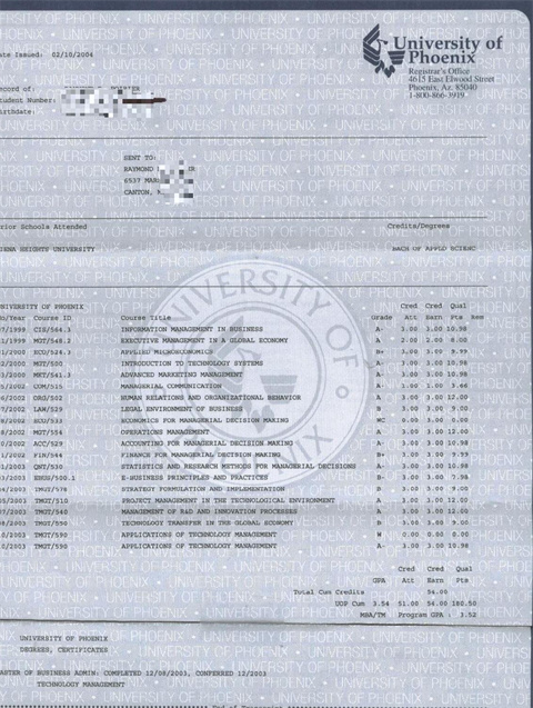 ˳ǴѧɼTranscript of Phoenix University